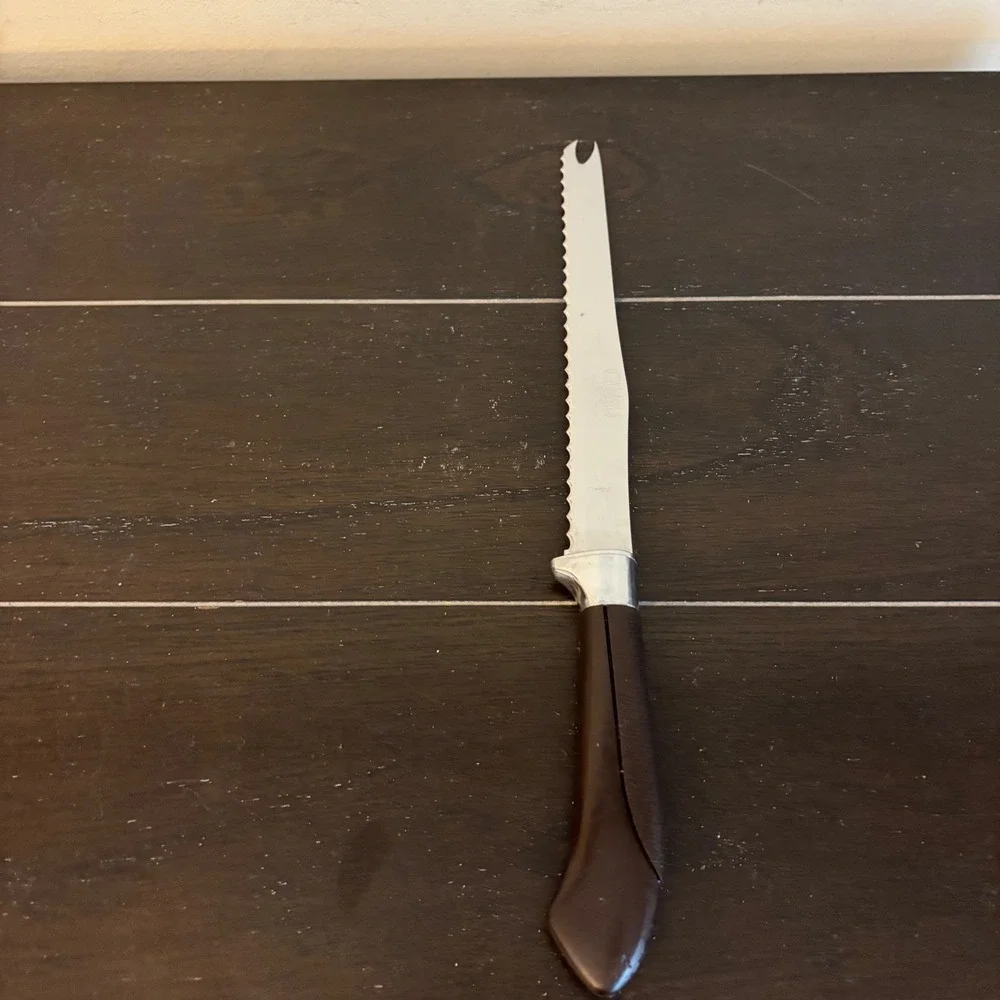 Vintage Ginsu Serrated Knife Stainless USA Dark Brown Handle Forked Tip 12 Inch